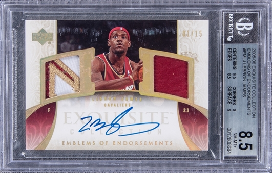 2005-06 UD "Exquisite Collection" Emblems Of Endorsements #EMLJ LeBron James Signed Game Used Patch Card (#01/15) - BGS NM-MT+ 8.5/BGS 10